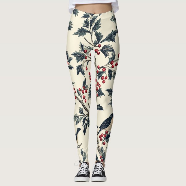 Weihnachtsmuster für Rustikale Vögel und Poinsetti Leggings (Vorderseite)