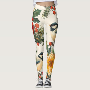 Weihnachtsmuster für Rustikale Vögel und Poinsetti Leggings