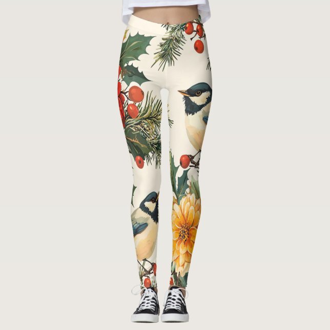 Weihnachtsmuster für Rustikale Vögel und Poinsetti Leggings (Vorderseite)