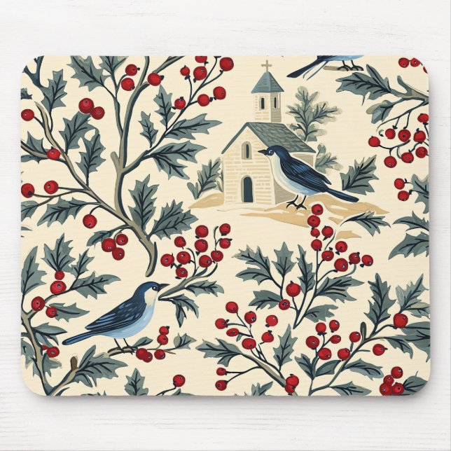 Weihnachtsmuster für Rustikale Vögel und Poinsetti Mousepad (Vorne)