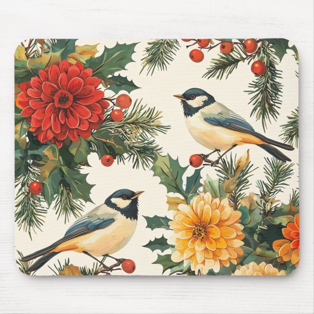 Weihnachtsmuster für Rustikale Vögel und Poinsetti Mousepad (Vorne)