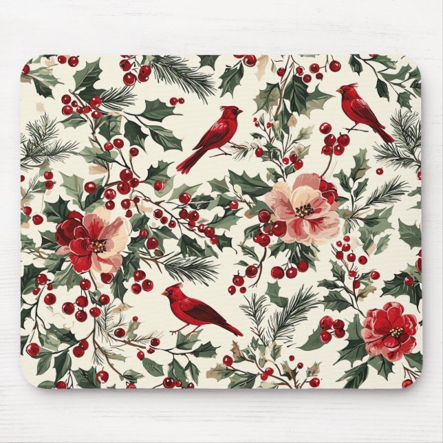 Weihnachtsmuster für Rustikale Vögel und Poinsetti Mousepad (Vorne)