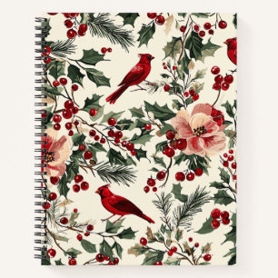 Weihnachtsmuster für Rustikale Vögel und Poinsetti Notizbuch