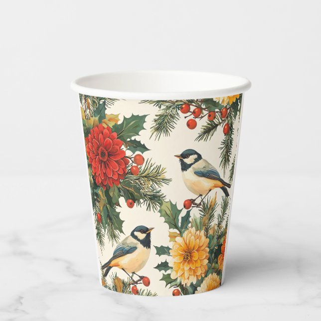 Weihnachtsmuster für Rustikale Vögel und Poinsetti Pappbecher (Rückseite)