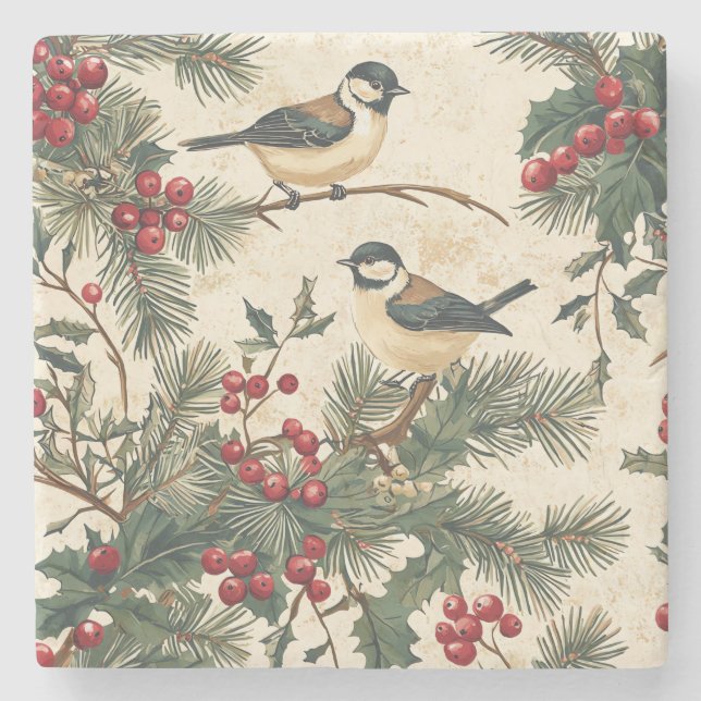 Weihnachtsmuster für Rustikale Vögel und Poinsetti Steinuntersetzer (Vorderseite)