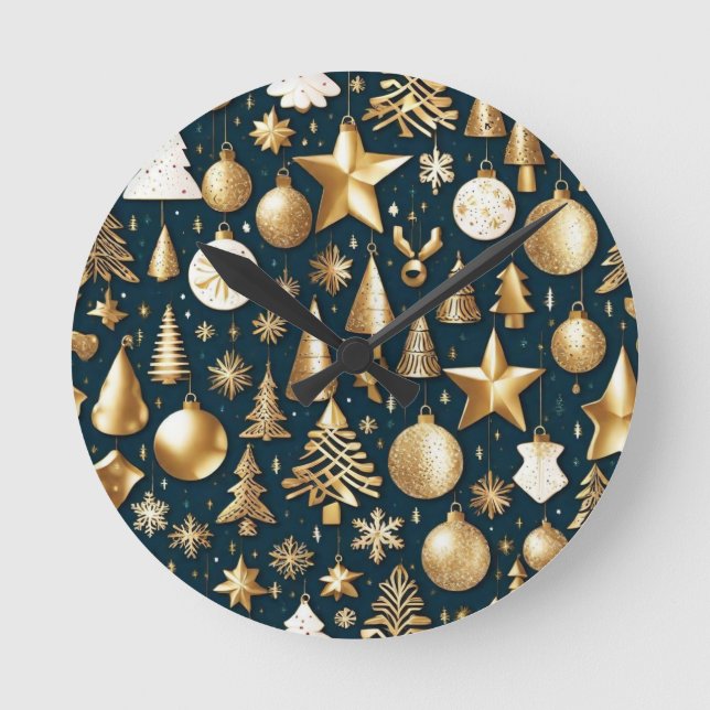 Weihnachtsmuster Gold und schwarze Ornamente Dekor Runde Wanduhr (Vorderseite)