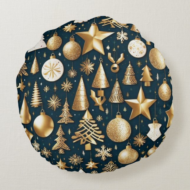 Weihnachtsmuster Gold und schwarze Ornamente Dekor Rundes Kissen (Rückseite)