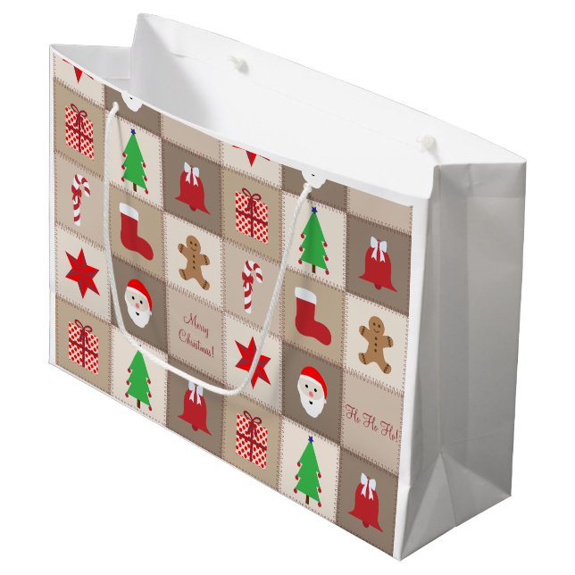 Weihnachtsmuster Große Geschenktasche - Beige Geschenktüte (Vorderseite Schrägansicht)