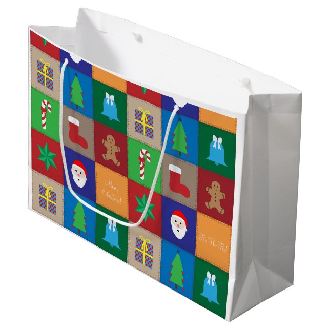 Weihnachtsmuster Große Geschenktasche - farbenfroh Geschenktüte (Vorderseite Schrägansicht)