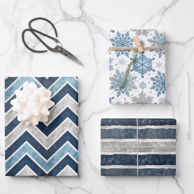 Weihnachtsmuster in Blau Geschenkpapier Set (Vorderseite)