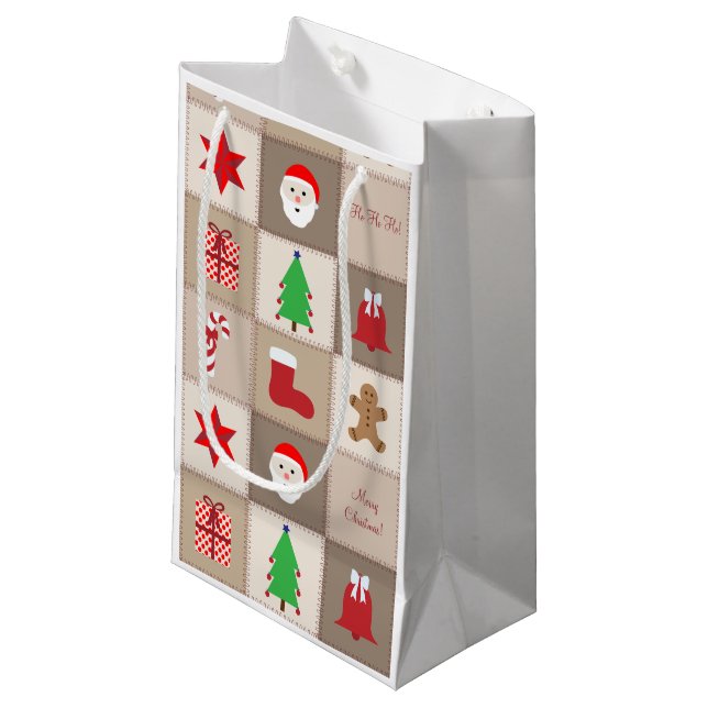Weihnachtsmuster Kleine Geschenktasche - Beige Geschenktüte (Vorderseite Schrägansicht)