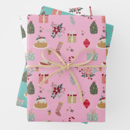 Weihnachtsmuster mit Geschenken und Ornamenten Geschenkpapier Set