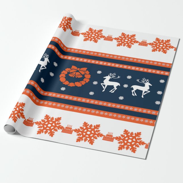 Weihnachtsmuster mit Hirschen und Schneeflocken Geschenkpapier (Ungerollt)
