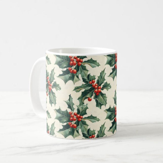Weihnachtsmuster mit Holly-Blätter und Red Berry Kaffeetasse (Vorderseite Links)