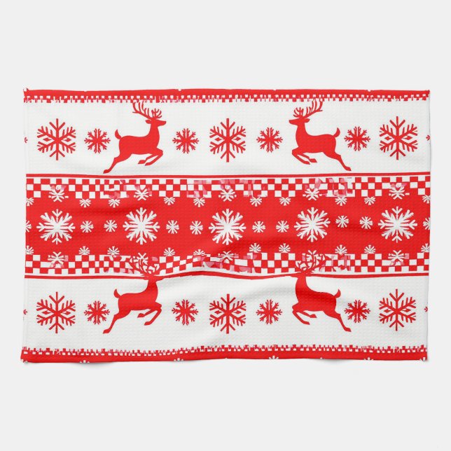 Weihnachtsmuster mit Rentier und Schneeflocken Geschirrtuch (Horizontal)