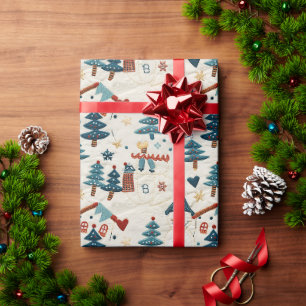 Weihnachtsmuster mit Schneemann und Bäumen Geschenkpapier