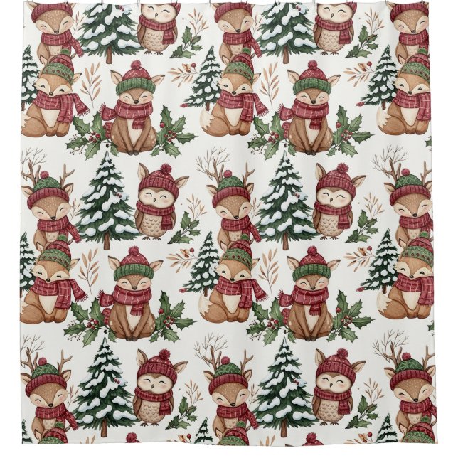 Weihnachtsmuster mit Waldtieren mit Fuchs und Eule Duschvorhang (Vorderseite)