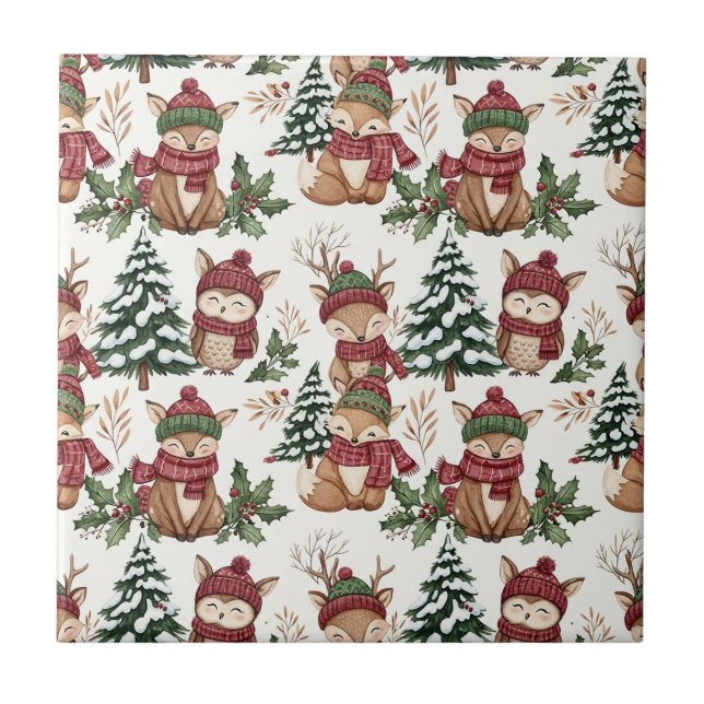 Weihnachtsmuster mit Waldtieren mit Fuchs und Eule Fliese (Vorderseite)
