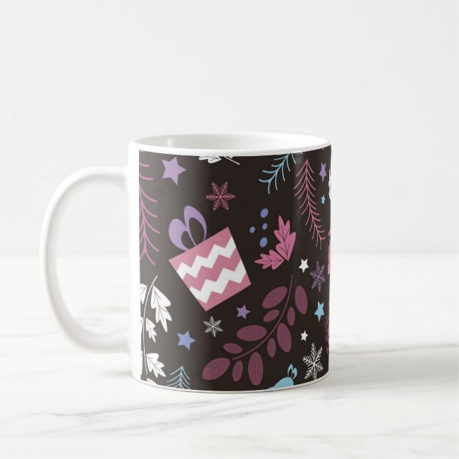 Weihnachtsmuster nahtlos mit Baum, Schnee, Geschen Kaffeetasse (Links)