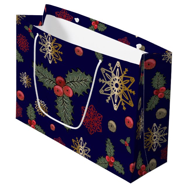 Weihnachtsmuster Navy Große Geschenktasche Geschenktüte (Vorderseite Schrägansicht)