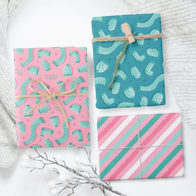 Weihnachtsmuster Pink Weihnachtswrapping Paper Geschenkpapier Set (Modern and festive Winter holiday pink and teal pattern gift wrapping paper.)