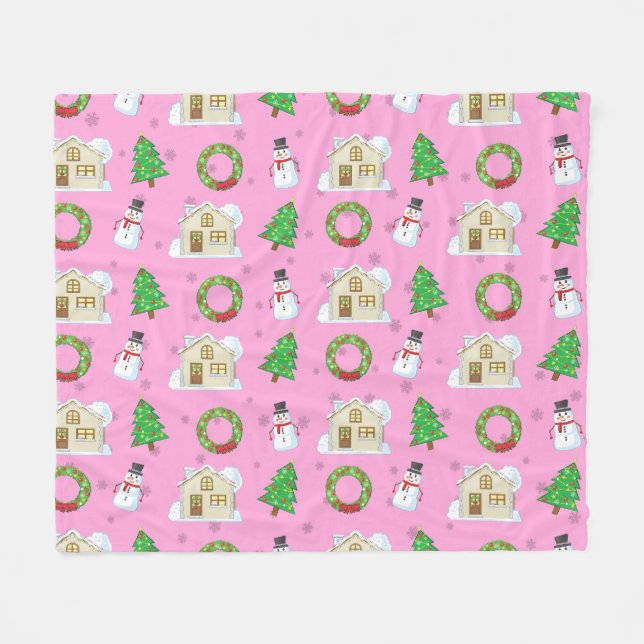 Weihnachtsmuster - Rosa Hintergrund  Fleecedecke (Vorderseite (Horizontal))