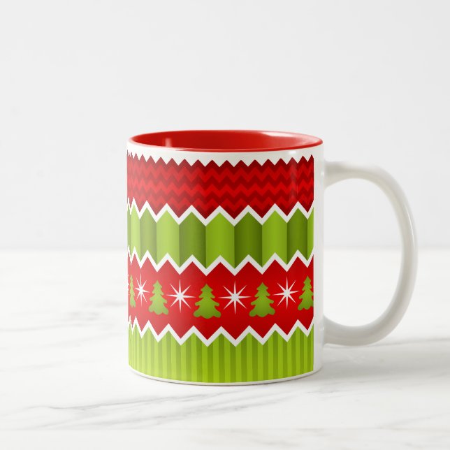 Weihnachtsmuster Rot und Grün Zickzack Streifen Zweifarbige Tasse (Rechts)