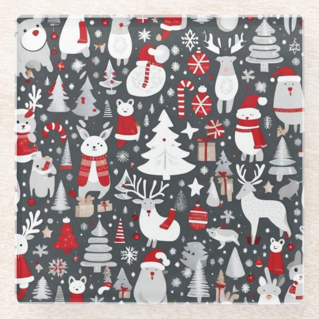 Weihnachtsmuster Snowman Santa Bäume graue Dekorat Glasuntersetzer (Vorderseite)