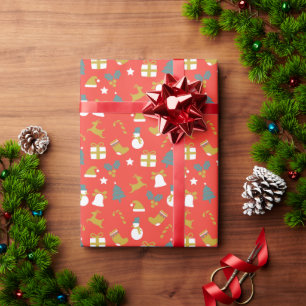 Weihnachtsmuster von Bäumen, Glocken und Rentieren Geschenkpapier