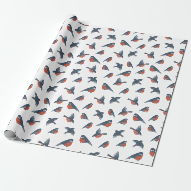 Weihnachtsmuster von Roten Robin Birds auf Weiß Geschenkpapier (Ungerollt)