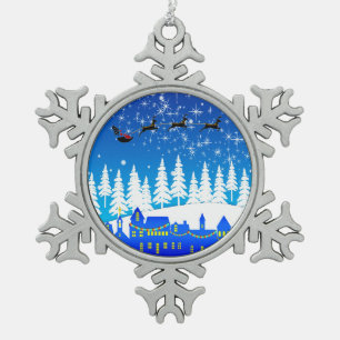 Weihnachtsnacht Santa und Schlitten Schneeflocken Zinn-Ornament