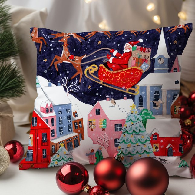 Weihnachtsnacht vor Weihnachten Nordisches Dorf Kissen (Santa Night before Christmas Nordic Village Throw Pillow
)
