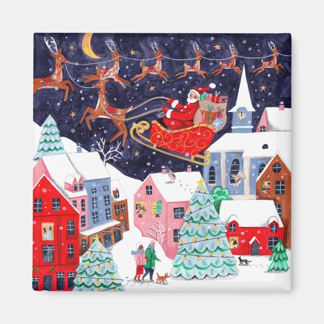 Weihnachtsnacht vor Weihnachten Nordisches Dorf Magnet (Vorne)