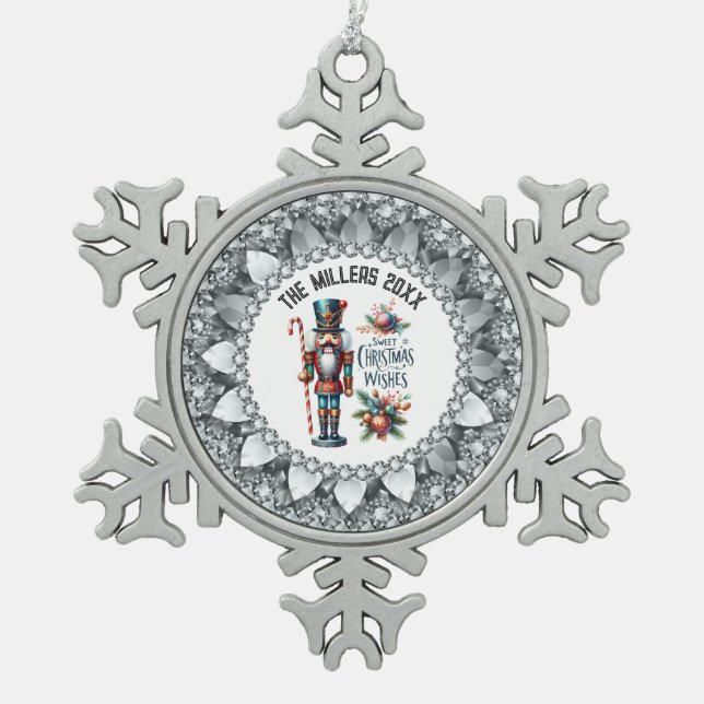 Weihnachtsnachtsnachtscreme Weißer Diamant Rahmen Schneeflocken Zinn-Ornament (Vorderseite)