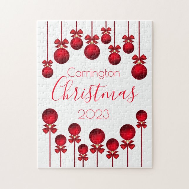 Weihnachtsname Jahr Rote Ornamente Ribbons Skript Puzzle (Vertikal)