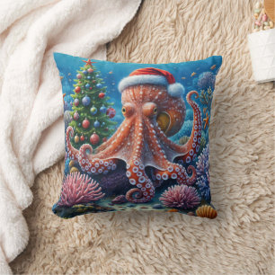WeihnachtsOktopus mit einer Weihnachtsmannmütze Kissen