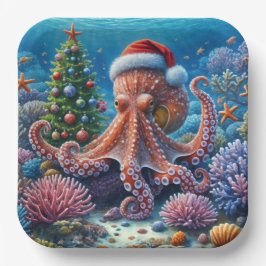 WeihnachtsOktopus mit einer Weihnachtsmannmütze Pappteller