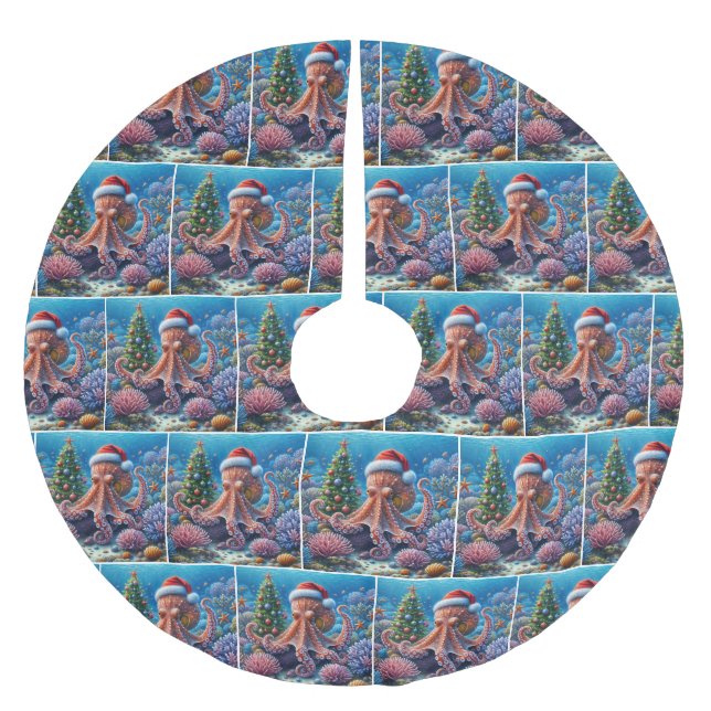 WeihnachtsOktopus mit einer Weihnachtsmannmütze Polyester Weihnachtsbaumdecke (Vorderseite)
