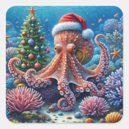 WeihnachtsOktopus mit einer Weihnachtsmannmütze Quadratischer Aufkleber