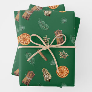 Weihnachtsorange Gewürz, Kiefer, Kiefernzapfen Grü Geschenkpapier Set