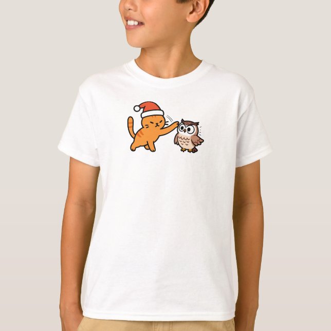 Weihnachtsorange Katze und Eule T-Shirt (Vorderseite)