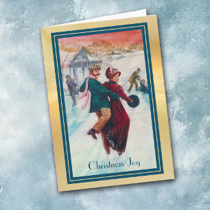 Weihnachtspaar beim Eislaufen im Vintage-Stil Feiertagskarte