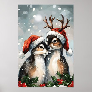 Weihnachtspaar Hirsche im Vintage-Stil Poster