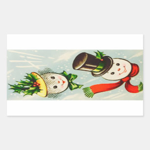 Weihnachtspaar Schneemann im Vintage-Stil Rechteckiger Aufkleber