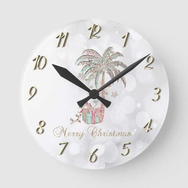 Weihnachtspalme, Geschenk, Lichterkette, Bokeh Runde Wanduhr (Vorderseite)
