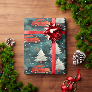 Weihnachtspapier mit Autos und Bäumen Geschenkpapier