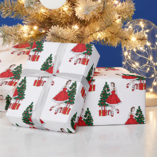 Weihnachtspapier mit Mädchen und Baummuster Geschenkpapier