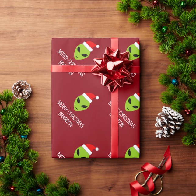 Weihnachtspapier mit roter und grüner Alien Geschenkpapier (Feiertagsgeschenk)