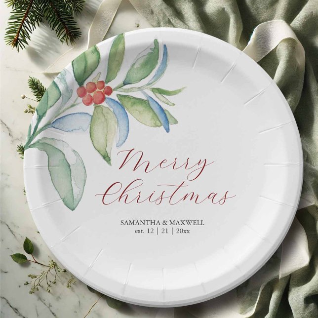 Weihnachtspapier Teller Einfache Feststimmung Grün (Paper plates for Christmas feature watercolor botanicals and Merry Christmas with you custom text)