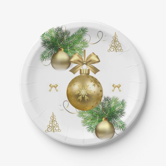 Weihnachtspapier-Teller, Goldbälle Pappteller (Vorderseite)